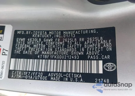 2013 Toyota Camry Se из США, поврежденный, VIN 4T1BF1FK0DU212493